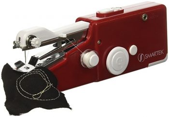 red smartex handheld sewing machine stitching with thread on black fabric