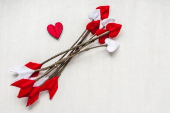 valentine twig crafts- twigs with red and white felt glued on to the ends to look like arrows