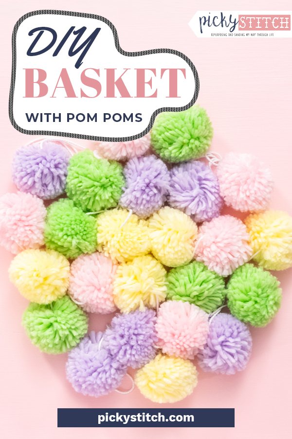 If you love the boho look, you'll love this tutorial for an easy DIY basket with pom poms! All you need is a favorite woven basket, some yarn, and some scissors. Now, all that's left is to decide what color you're going to go with. #pickystitchblog #crafts #diy