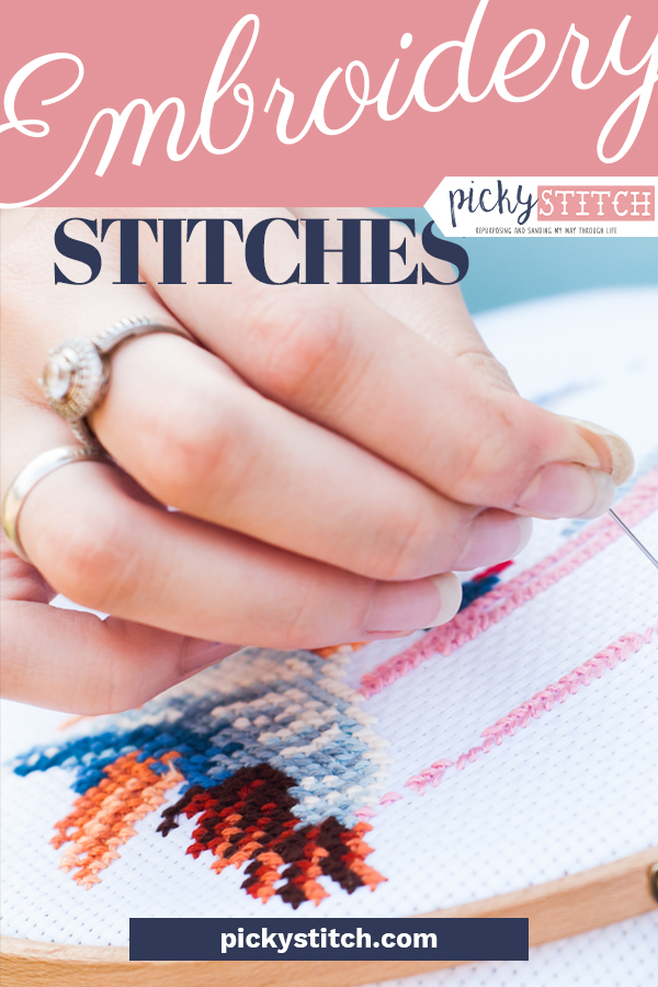 Embroidery is becoming one of my favorite crafts! It's fun to experiment with the different stitches for a little pizzazz. Use this tutorial to learn how to sew ten different embroidery stitches. One of these is PERFECT for that pair of jeans you always wanted to customize. #pickystitchblog #crafts #embroidery