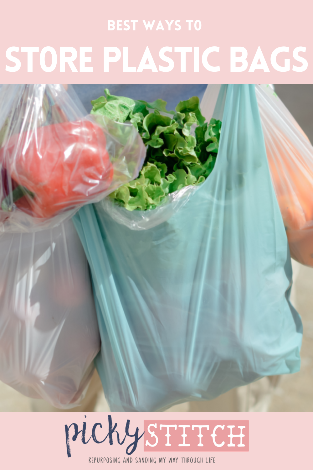 Plastic bags can be a pain in the butt to store! Use these easy tips and tricks for simple ways to store plastic bags in your own home. These will help you save space AND stay organized. #organization #home #pickystitchblog