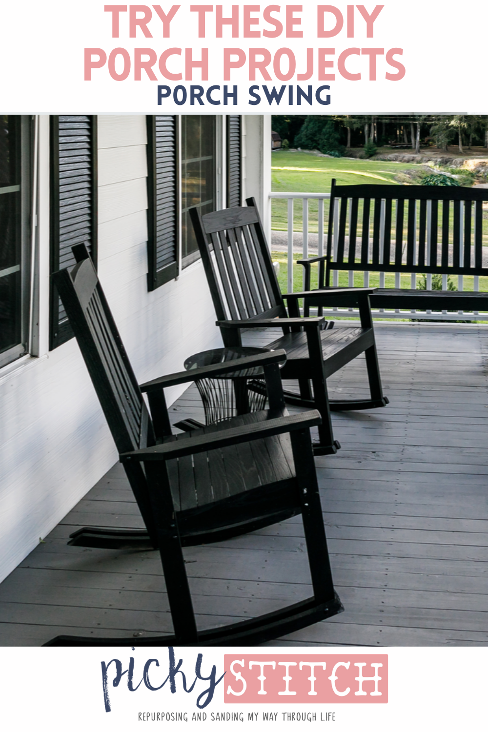 Liven up your front porch with an easy DIY porch swing and a few other great DIY porch projects. Your porch says a lot about your home, make sure that you try them out. #diyporchswing #diy #pickystitchblog