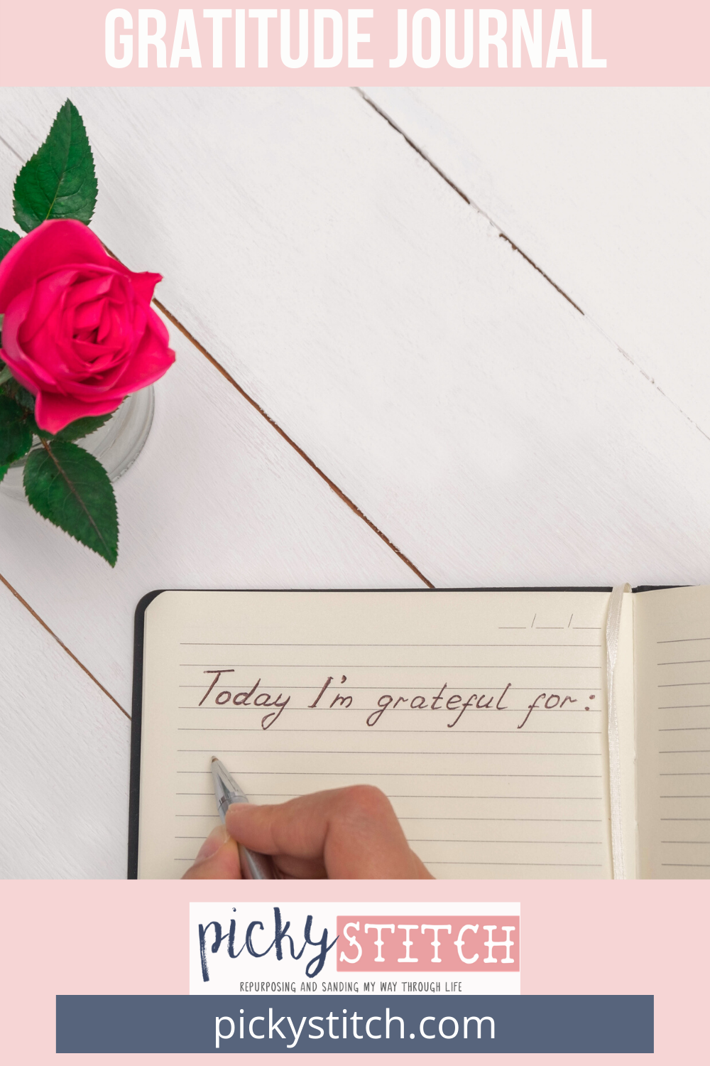 What is more important, keeping track of expenses or the positive things in your life?!! Well, that depends on what you want out of life. Because while tracking expenses might be necessary to make sure you achieve financial goals, keeping track of the postive things in your life in a gratitude journal is necessary to fully enjoying those positive things, including achieving the financial goals! #pickystitchblog #gratitudejournal #gratitude